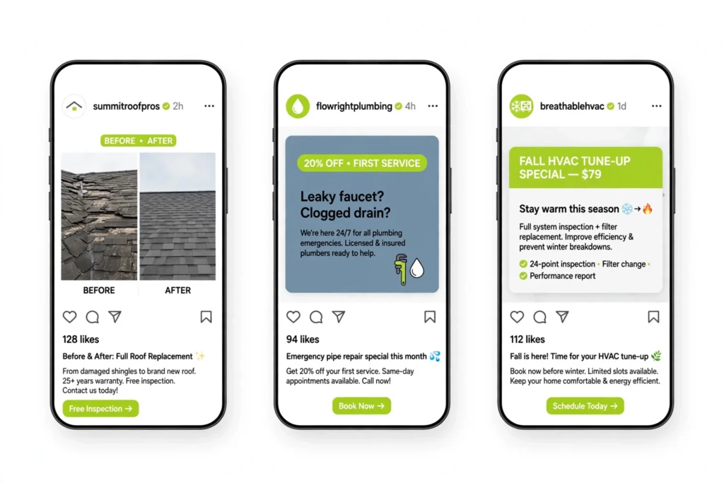 Social media post designs for roofing, plumbing and HVAC companies